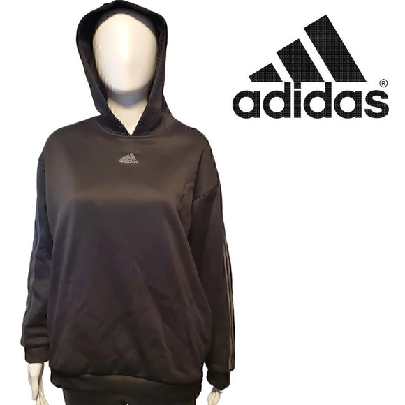 Adidas | Black Hoodie with Gray Stripes | Kangaroo pocket | NWOT - Picture 1 of 8